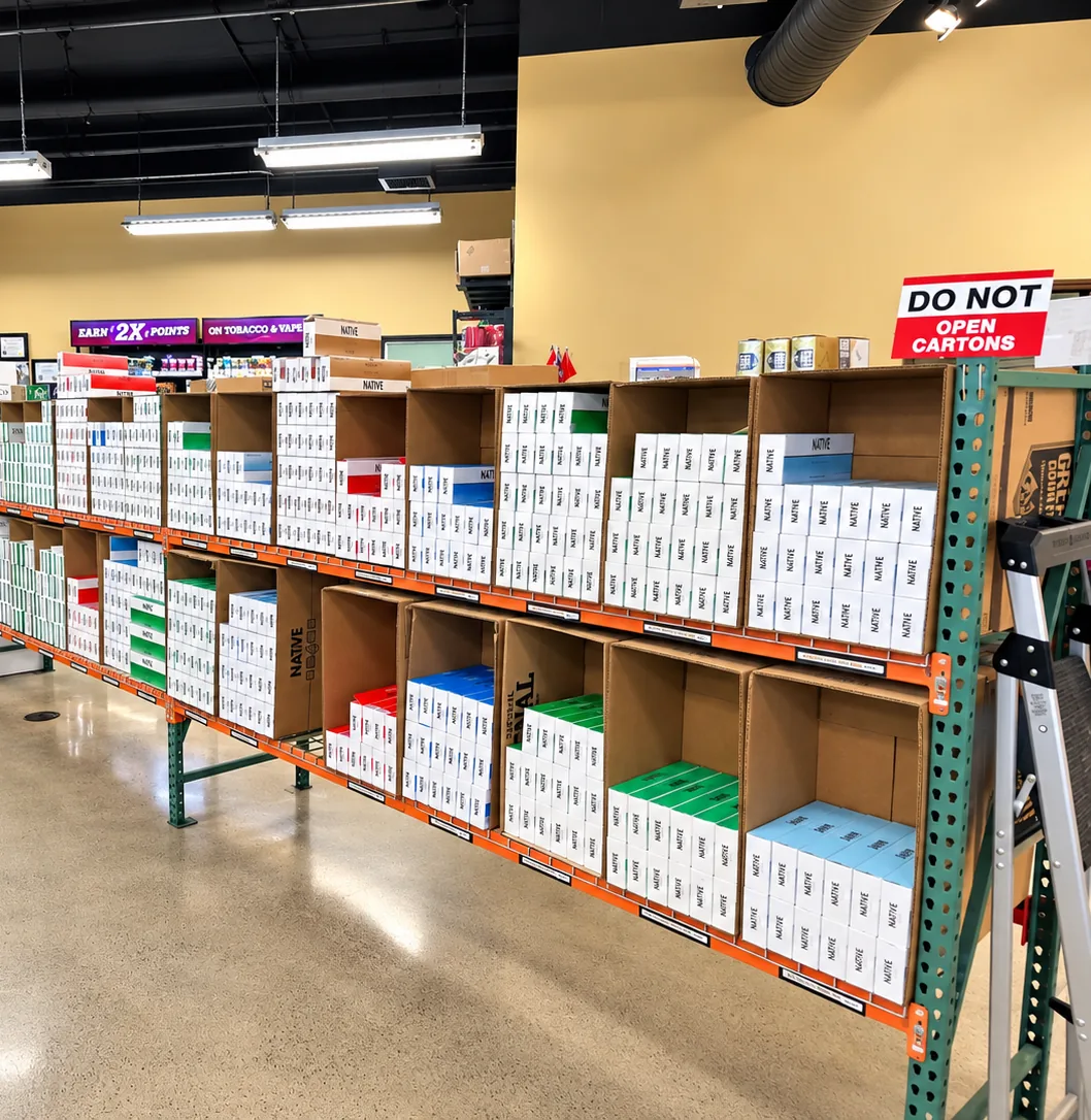 A long run of carton racking stocked with Native cartons, bay after bay, under the earn-double-points sign