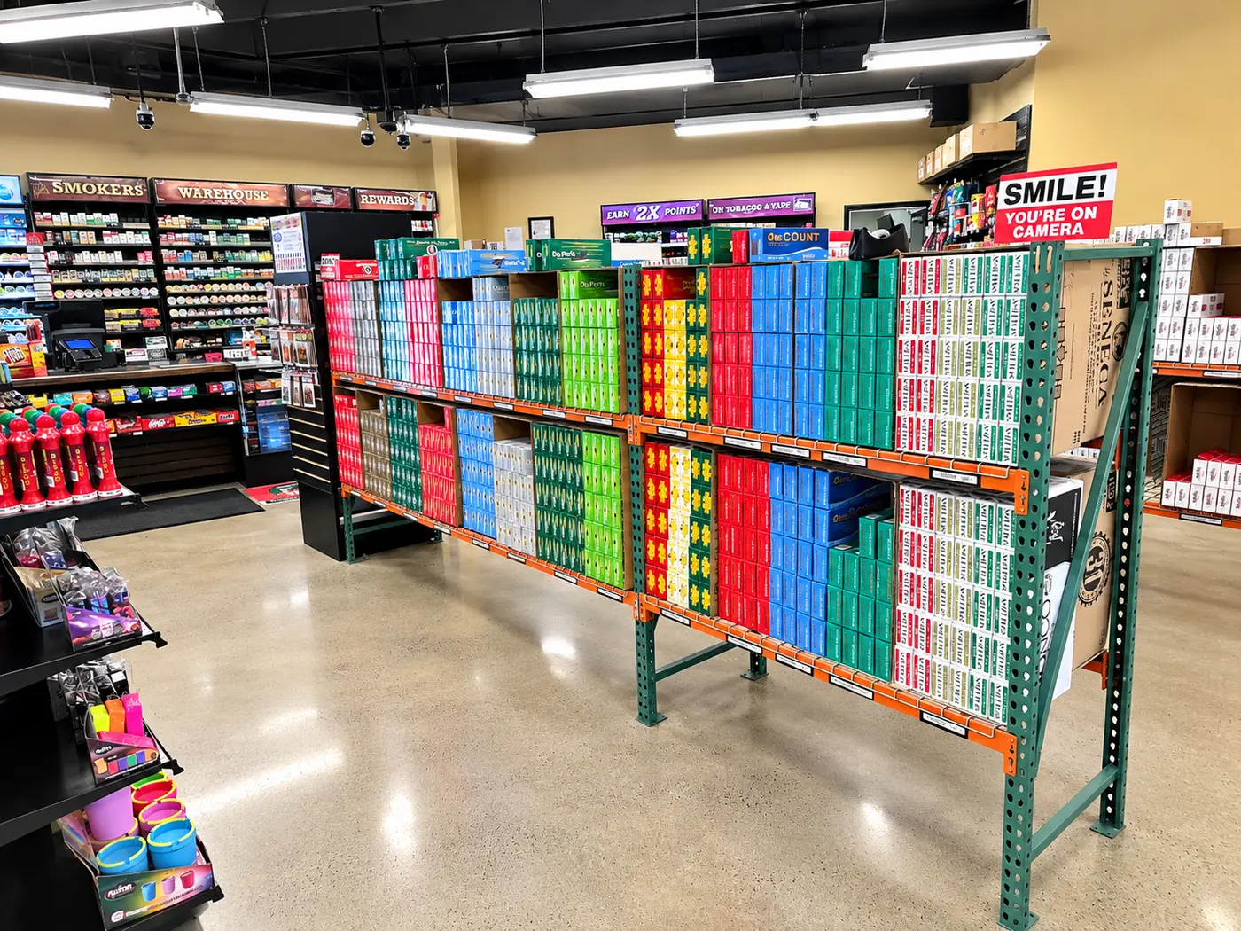 A double-sided carton gondola stocked in solid blocks of color, each bay a different brand and style